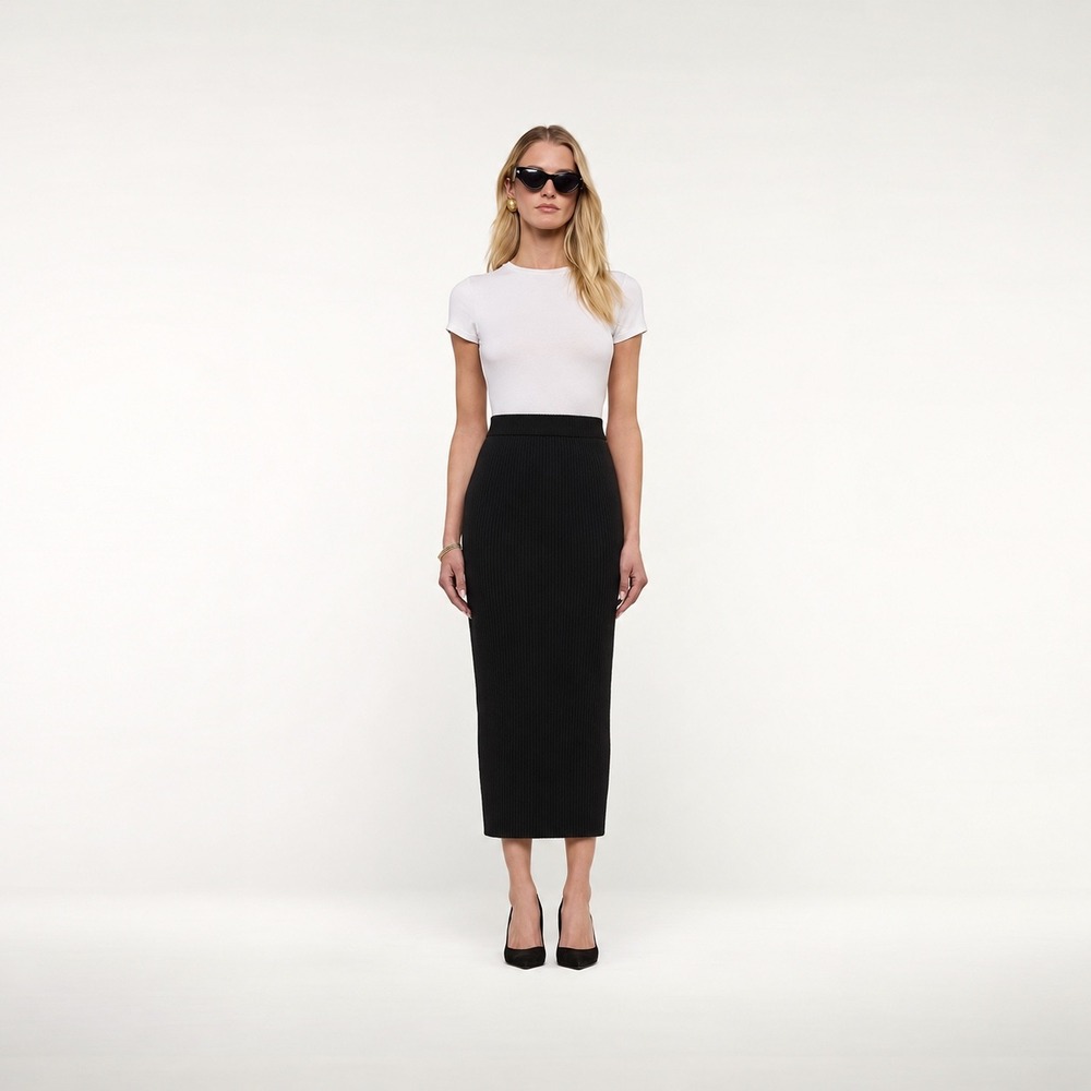Gap Black Ribbed Knit Midi Pencil Skirt XS Petite Cotton Blend
